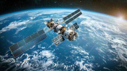 This photo showcases an artists rendering of a space station floating in orbit around the Earth,...