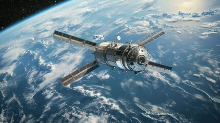 This photo showcases an artists rendering of a space station floating in orbit around the Earth, Blueprint of a cutting-edge satellite floating in space,accompaniments. 