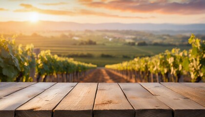 the empty wooden table top with blur background of vineyard exuberant image