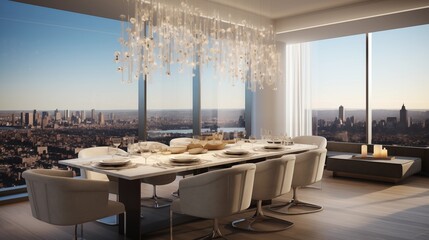 Sleek city penthouse dining room with panoramic skyline views contemporary chandelier and marble table. - obrazy, fototapety, plakaty