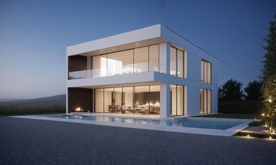 3d rendering of modern cozy house with pool and garden at night.