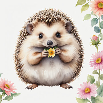 Watercolor of hedgehog with flower on white background