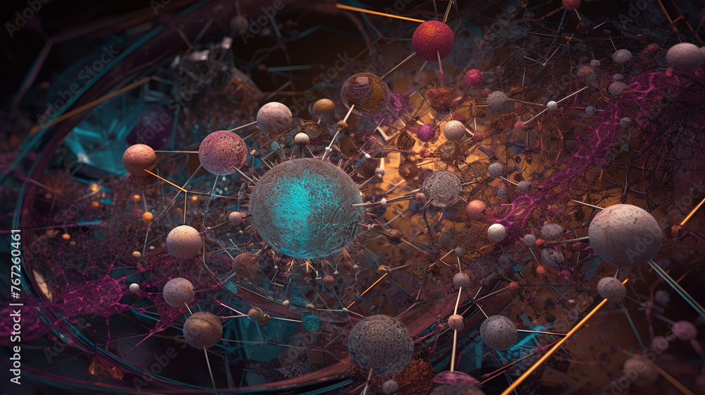 Poster Abstract scientific concept with connected cells and particles. Science microscopic background.