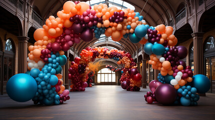 Naklejka premium Whimsical Balloon Arch Entrance: A vibrant balloon arch at the entrance of a birthday party venue.