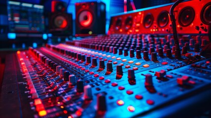 High Tech Music Recording and Production Studio with Top Notch Equipment, Professional Mixing Console in Recording Studio. - obrazy, fototapety, plakaty