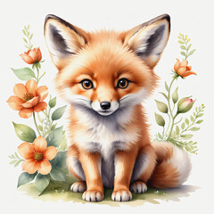 Fototapeta premium Watercolor of fox with flower on white background