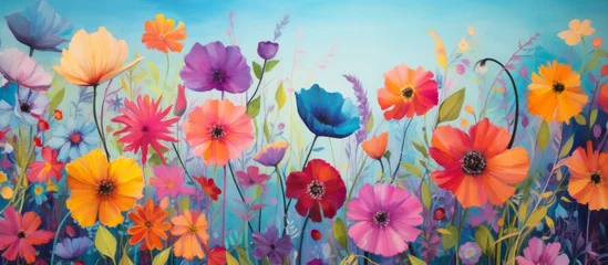 Deurstickers An art piece depicting a meadow of colorful flowers under a clear blue sky, showcasing the beauty of nature through vibrant plants and petals © AkuAku
