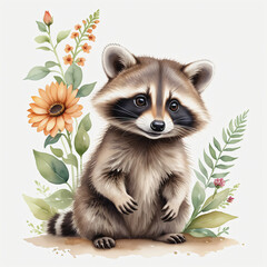 Watercolor of raccoon with flower on white background - obrazy, fototapety, plakaty