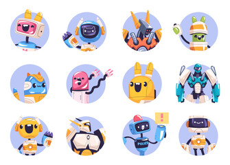 Fototapeta premium Robot avatars. Space robots portrait social media avatars, robotic head face game bot funny cartoon character future technology monster toys cute chatbot mascot vector illustration