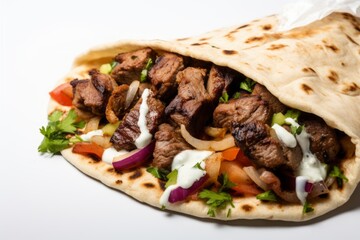 Hearty kebab on a ceramic tile against a white background