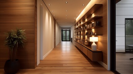 Obraz premium Sleek hallway with shiplap walls warm wood floors and modern built-in shelving and lighting.