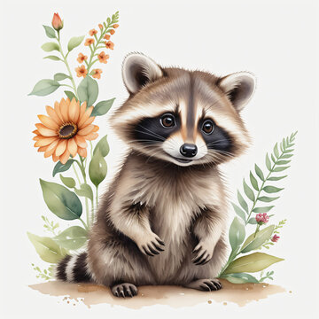 Watercolor of raccoon with flower on white background