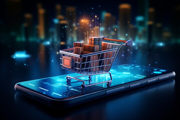 Shopping cart full of boxes on mobile phone and tablet screen, digital shopping concept