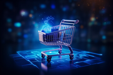 Shopping cart full of boxes on mobile phone and tablet screen, digital shopping concept - obrazy, fototapety, plakaty