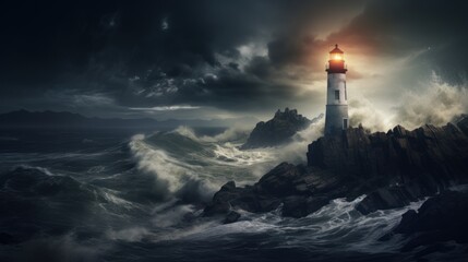 Coastal brilliance against the storm: The radiant presence of a lighthouse, surrounded by stormy waves, paints a vivid picture of nature's power. - obrazy, fototapety, plakaty