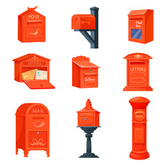 English mailboxes. Cartoon letterbox, red postbox uk london postal service, british royal post box old street mailbox for receiving mail letters to address neat vector illustration - 767261029