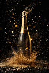 bottle of champagne on black background.