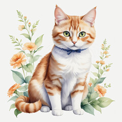 Watercolor of cat with flower on white background