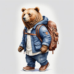 Watercolor of bear with backpack on white background