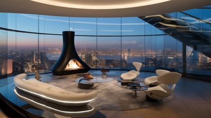 Sleek ultramodern city penthouse with curved glass walls sculptural fireplace and 360-degree panoramic views. - obrazy, fototapety, plakaty