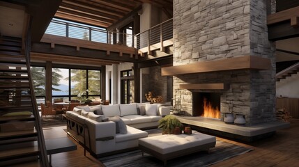 Soaring two-story mountain modern fireplace with heavy timber mantel stacked stone and overlooking loft walkway.