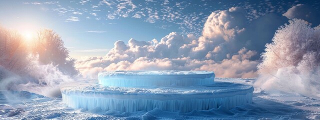 Ice podium background snow winter product platform cold mountain 3D. Podium ice display background...