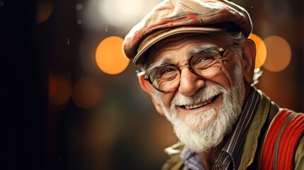 Close-up of a gray-haired gentleman wearing glasses and a vintage cap. Concept: Positive attitude at any age. - obrazy, fototapety, plakaty