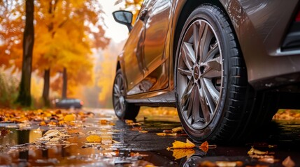 Autumn Spring travel. Concept of driving and driving safety. Close-up side view of car wheels with r - obrazy, fototapety, plakaty
