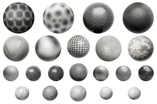 black and white textured spheres isolated on transparent backgrounds