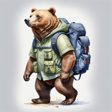 Watercolor of bear with backpack on white background
