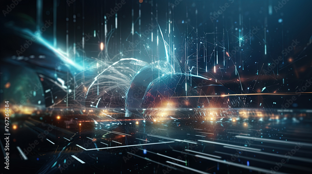 Poster Abstract technology burst with glowing wires and particles in motion. Technology and science dynamic background.