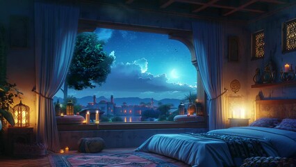 Lantern and candle in bedroom, in night with mosque and fireworks view from window. islamic ramadan decoration video background
