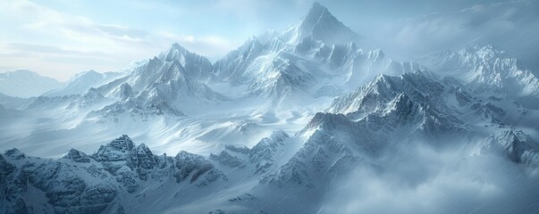 A breathtaking aerial view captures the daring expedition team trekking through a vast, snow-capped mountain range, battling harsh winds and frosty conditions 3D render, Overcast, - obrazy, fototapety, plakaty