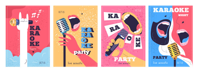 Karaoke microphone posters. Open mic festival, singer party singing event poster abstract design art, night music sound concert or comedy club