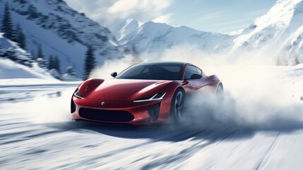 Drifting through winter landscapes, a powerful sports car prototype on a frozen road.
