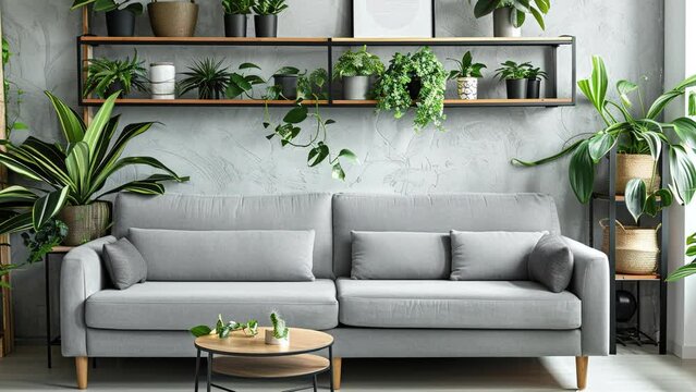 modern living room with sofa, stylish living room interior with comfortable grey sofa and green plants
