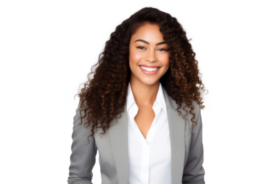 Portrait of beautiful African American Business woman wearing suit and shirt posing with smart and confidence isolated on transparent png background.
