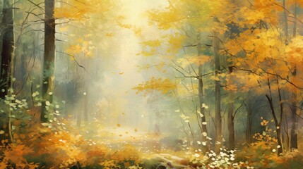 Expressive brushstrokes create a picturesque scene of an autumn forest in watercolor.