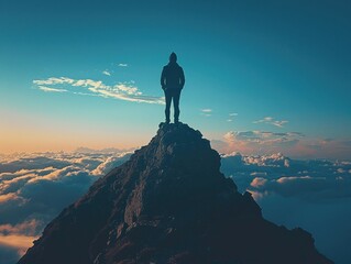 A person stands on a mountain peak, embracing the vast sky, symbolizing freedom from mental struggles Capture the scene in a silhouette setting, signifying inner strength and resilience Photography