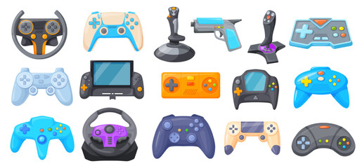 Videogame cartoon controllers. Console game joystick and gamer controller, gaming leisure remote control or wireless gamepad for computer games neat vector illustration © ssstocker