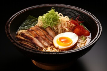 Delicious ramen on a rustic plate against a white background