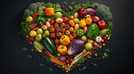 Veggie love: A heart-shaped composition of fresh vegetables on a verdant green surface.