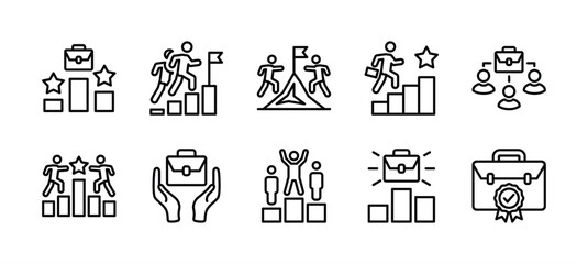 Business competition thin line icon set. Containing success, goal, target, development, winner, achievement, mission, victory, career, challenge, management, mountain peak. Vector illustration