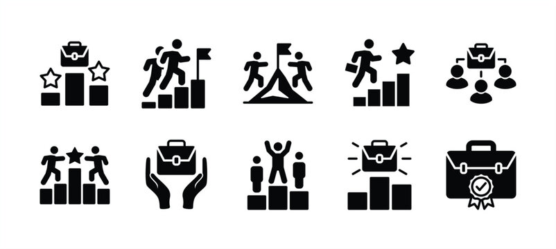 Business competition icon set. Containing success, goal, target, development, winner, achievement, mission, victory, career, challenge, champion, management, mountain peak. Vector illustration