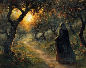 Obraz premium Amidst the whispering trees, the magical fruits of the orchard gleam with an otherworldly aura A captivating scene unfolds as a lone figure, a hooded druid