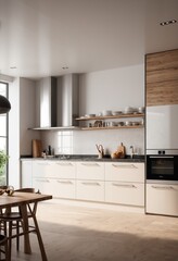 Fototapeta premium Interior of modern kitchen with white walls, wooden floor, white countertops and wooden cupboards. 3d rendering