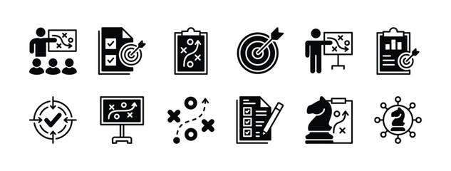 Business management action plan icon set. Containing planning, strategy, analysis, target, goal, tasks, schedule, objective, aim, presentation, teamwork, achievement, meeting. Vector illustration © Vilogsign