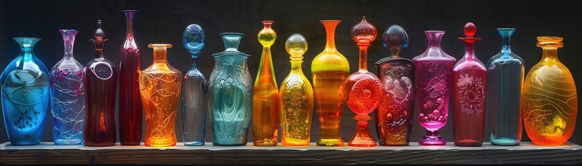 Arranged in a darkened room, each bottle pulsating with its own unique hues and patterns - obrazy, fototapety, plakaty