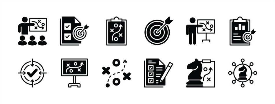 Business management action plan icon set. Containing planning, strategy, analysis, target, goal, tasks, schedule, objective, aim, presentation, teamwork, achievement, meeting. Vector illustration