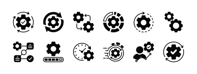 Business process icon set. Containing productivity, workflow, progress, efficiency, operation, timeline, procedure, planning, improvement, maintenance, gear settings, management. Vector illustration